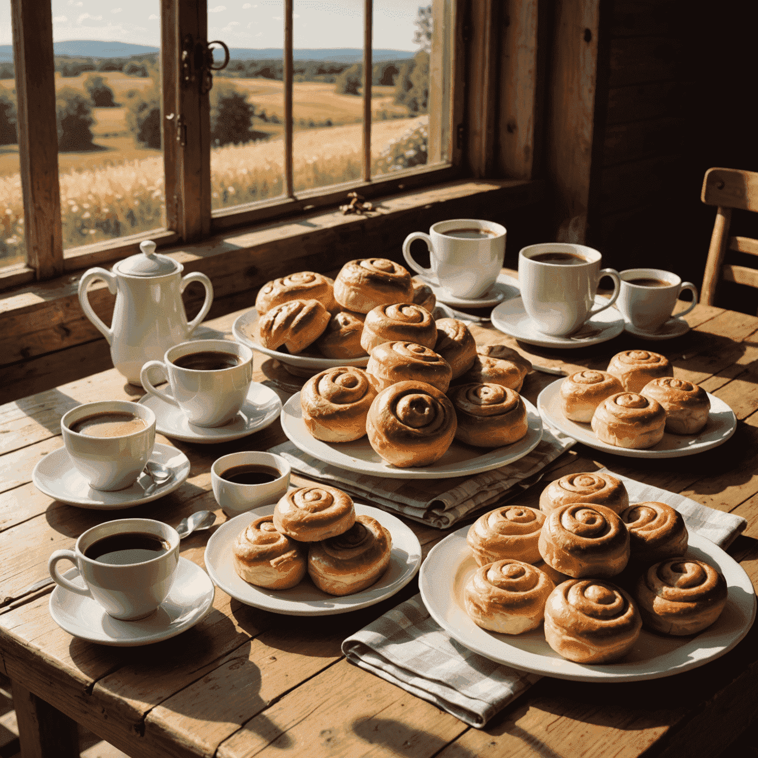 A rustic wooden table with an assortment of freshly baked American pastries, including cinnamon rolls, muffins, and croissants. A steaming cup of coffee sits nearby, with sunlight streaming through a farmhouse window in the background.