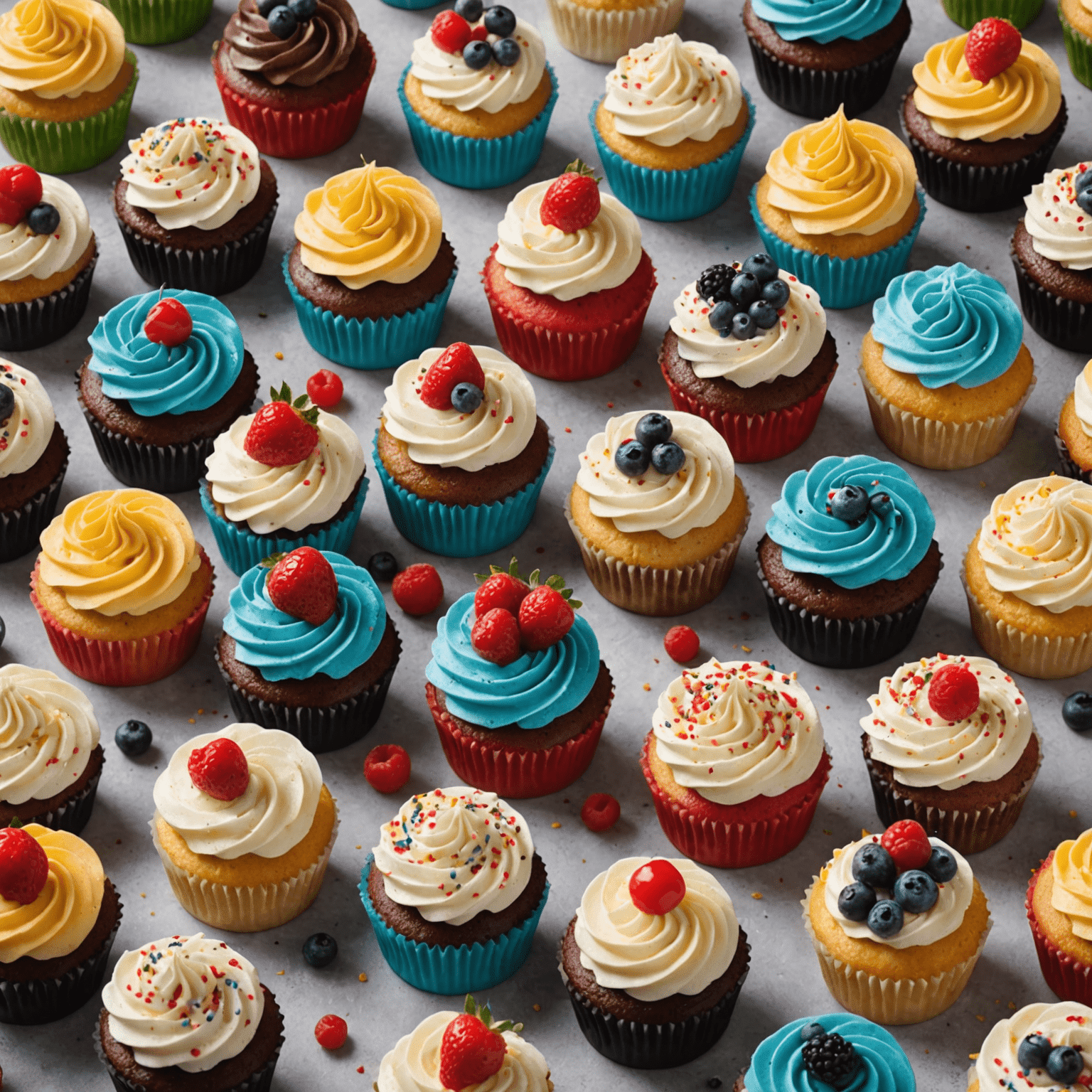 Various colorful cupcakes with different frostings and toppings, showcasing American-style baking techniques