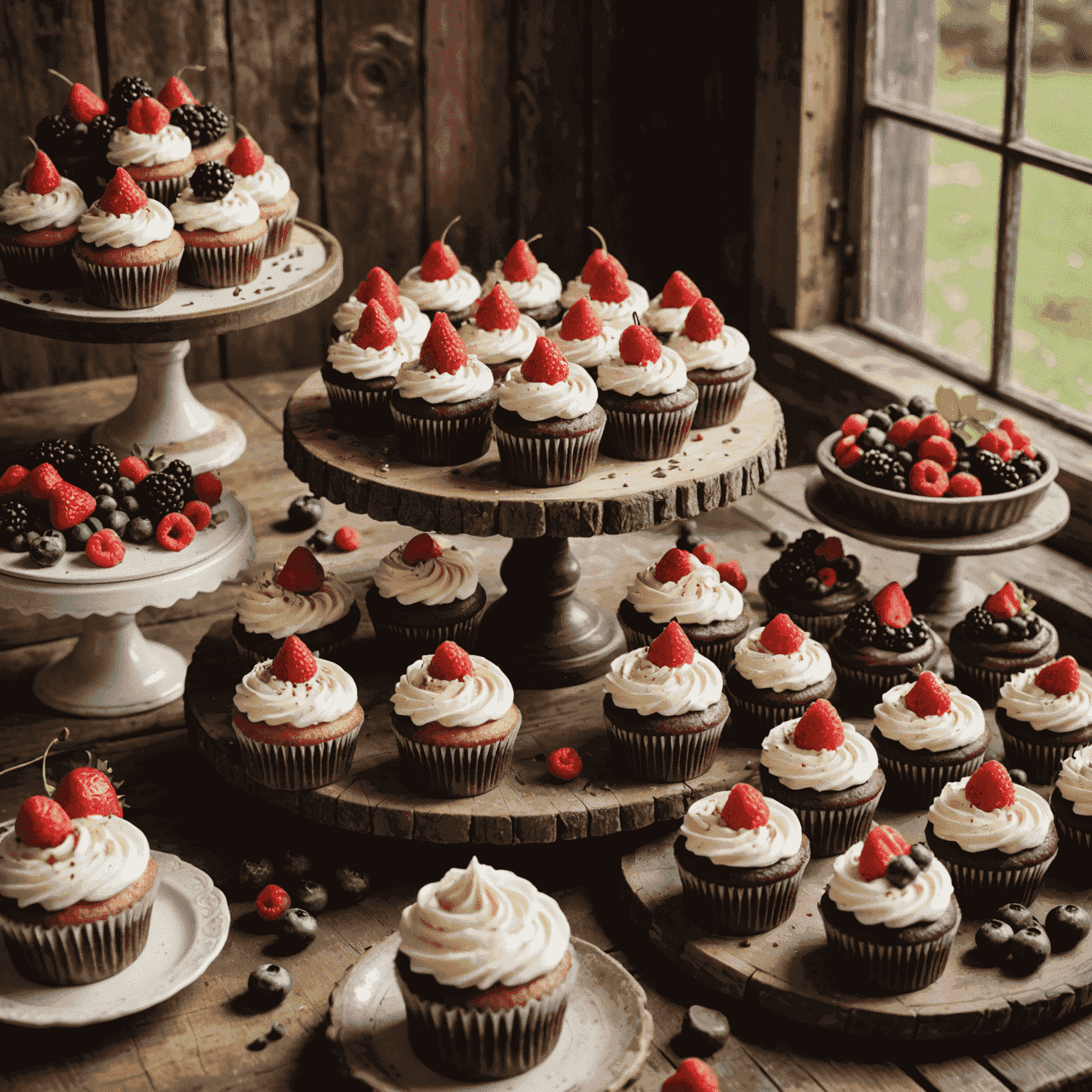 A rustic wooden table with an array of beautifully decorated cupcakes, including chocolate, vanilla, and red velvet flavors. Some cupcakes are topped with swirled frosting, others with fondant decorations. Fresh berries and a vintage cake stand add to the farmhouse aesthetic.