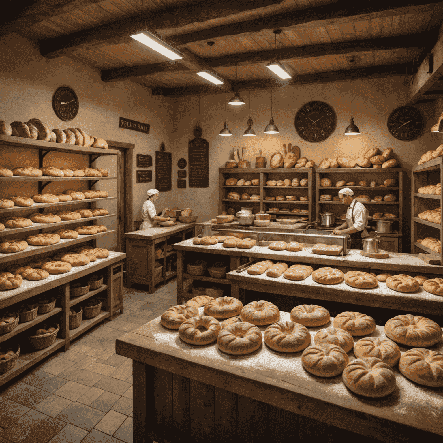 Panoramic view of our rustic bakery interior, showing wooden counters, vintage ovens, and bakers at work kneading dough and decorating pastries