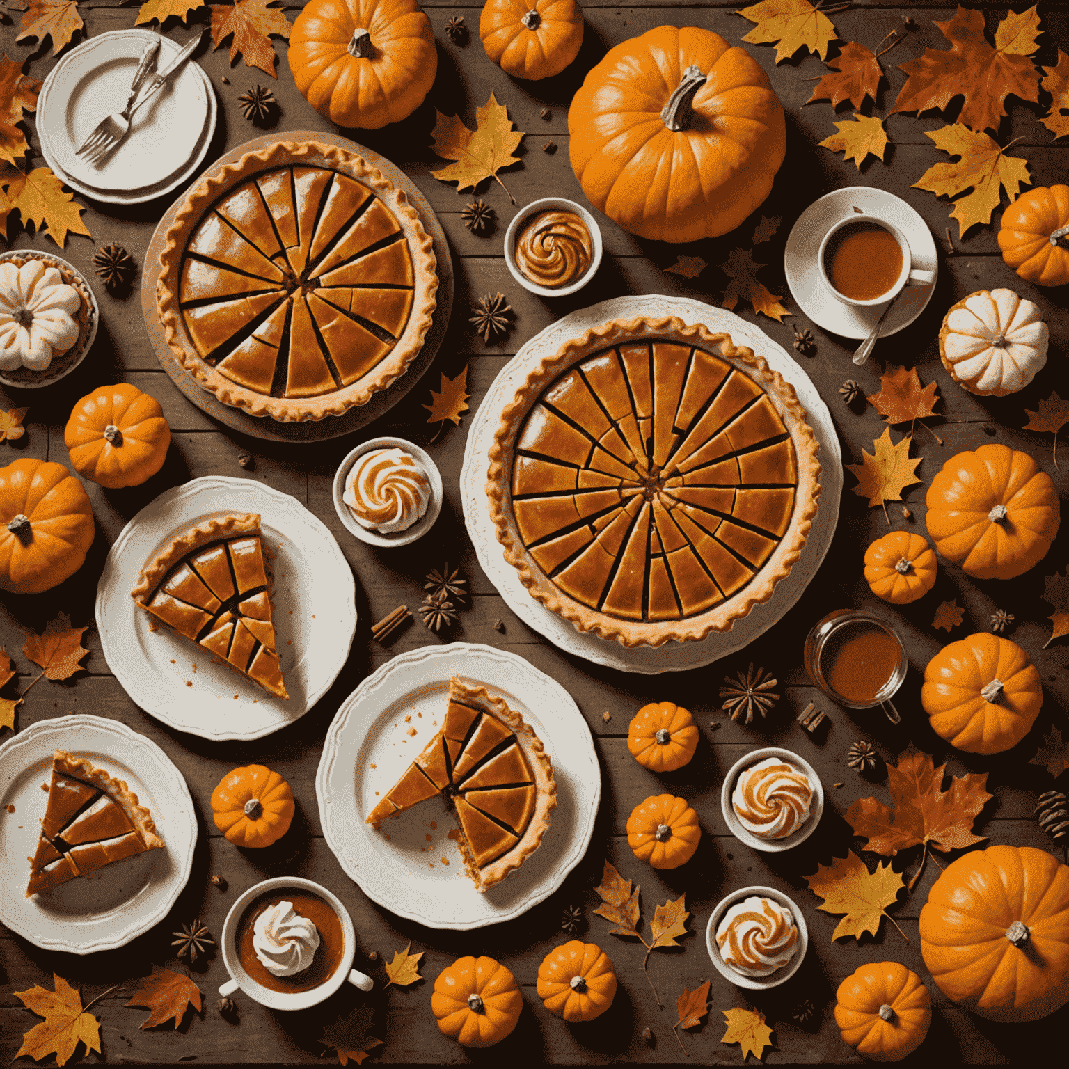 A rustic wooden table with an array of autumn-themed pastries, including pumpkin pies, apple tarts, and cinnamon rolls. The scene is decorated with fallen leaves and small pumpkins.