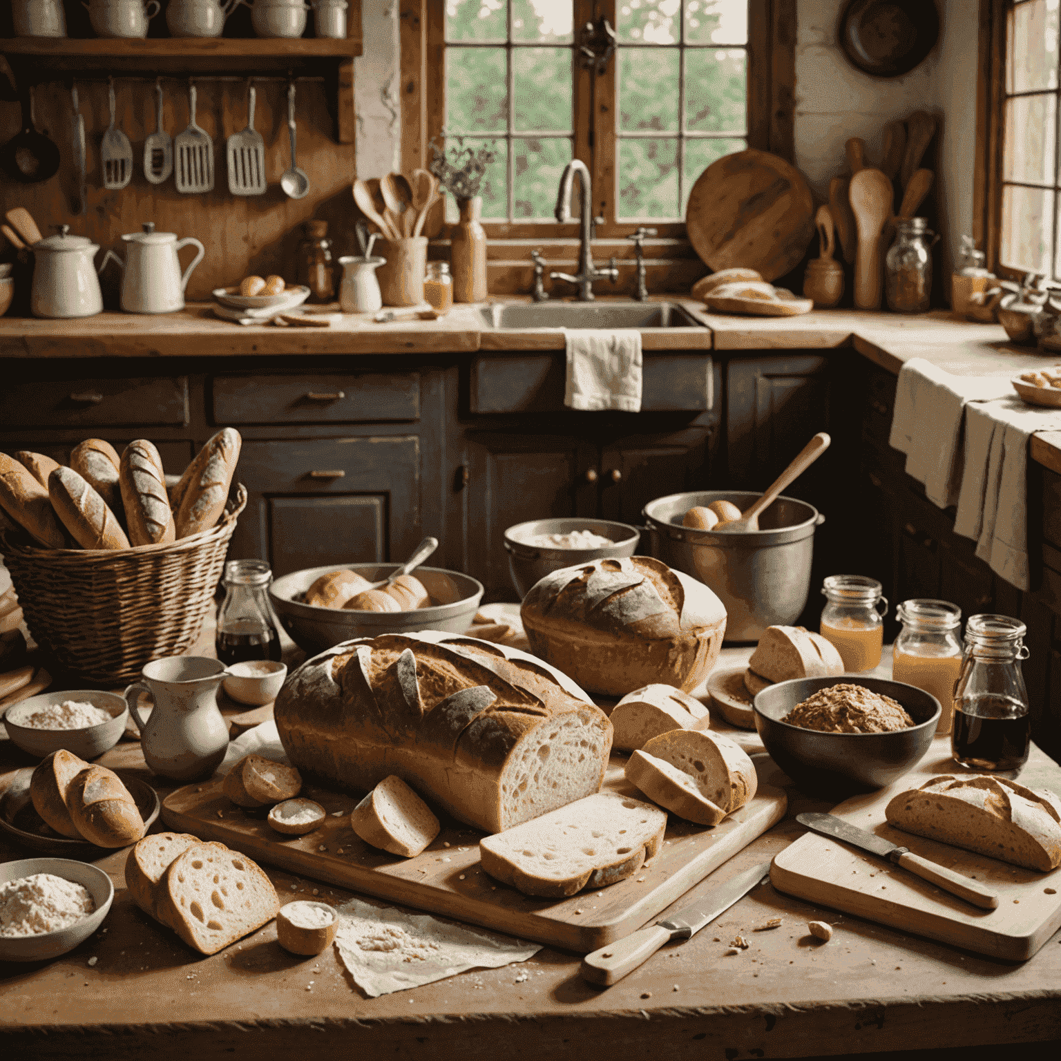 A rustic kitchen counter with various baking tools, ingredients, and a freshly baked loaf of artisanal bread