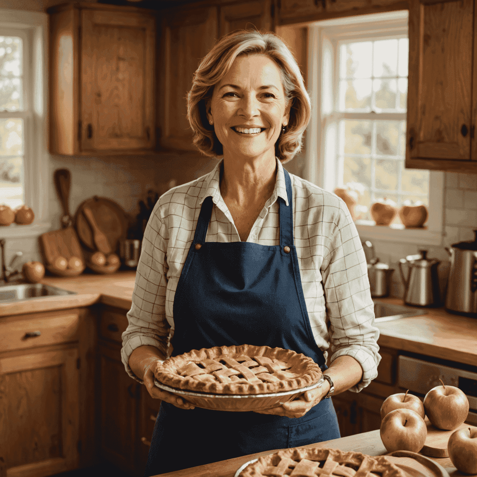 A smiling middle-aged woman holding a freshly baked apple pie in her kitchen. She's wearing an apron and the kitchen has a warm, rustic feel.