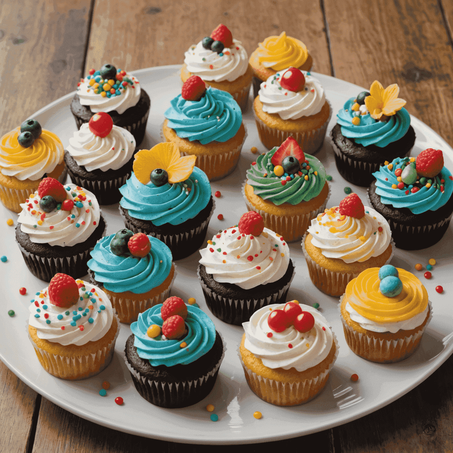 A plate of colorful cupcakes with various frostings and toppings, showcasing different flavors and decorations