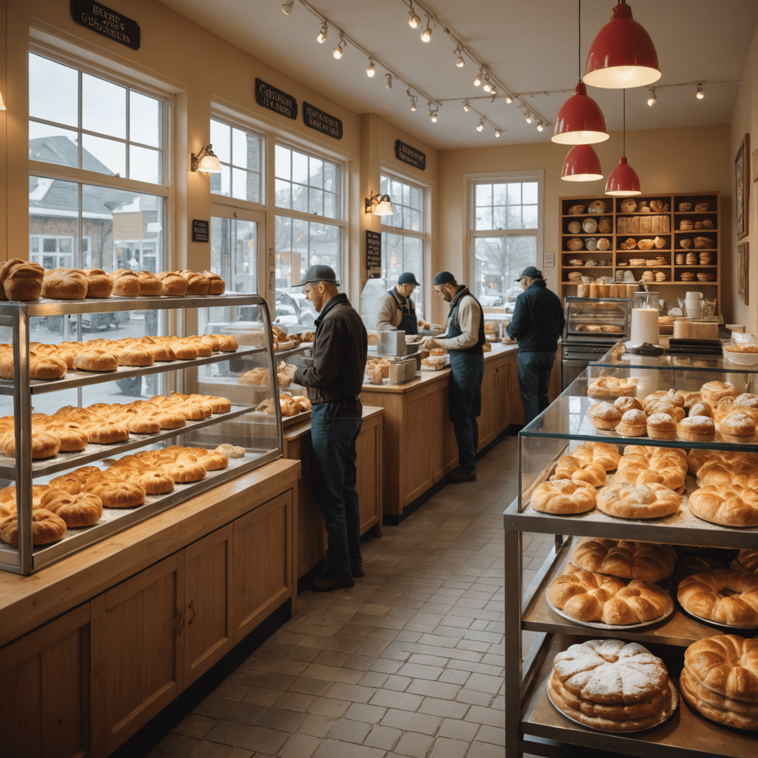 Interior of a cozy Canadian bakery with American-style pastries on display, bakers working in the background