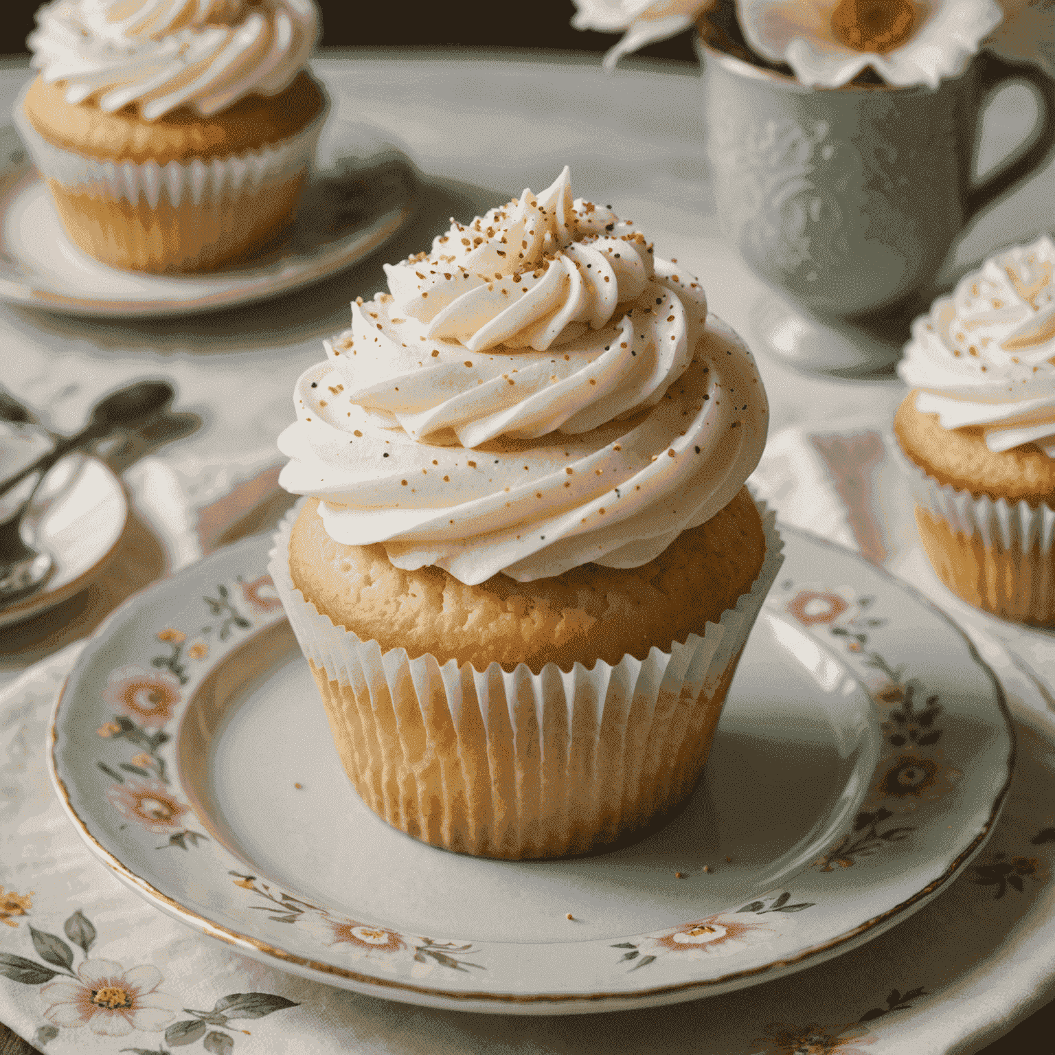 A close-up of a perfectly frosted vanilla cupcake with a swirl of creamy buttercream and a sprinkle of vanilla beans on top, sitting on a vintage floral plate.