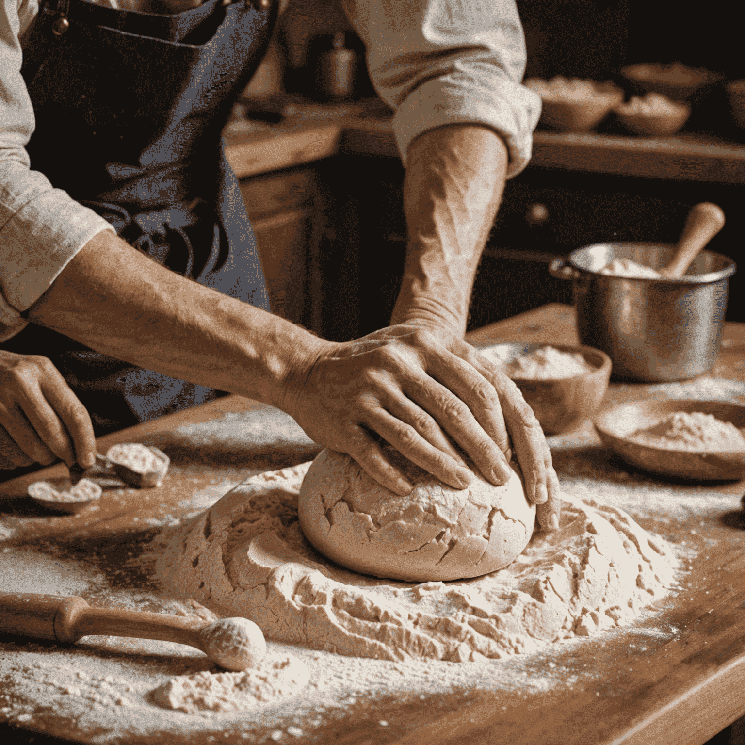 Close-up of a baker's hands kneading dough on a flour-dusted wooden counter, with vintage baking tools visible in the background