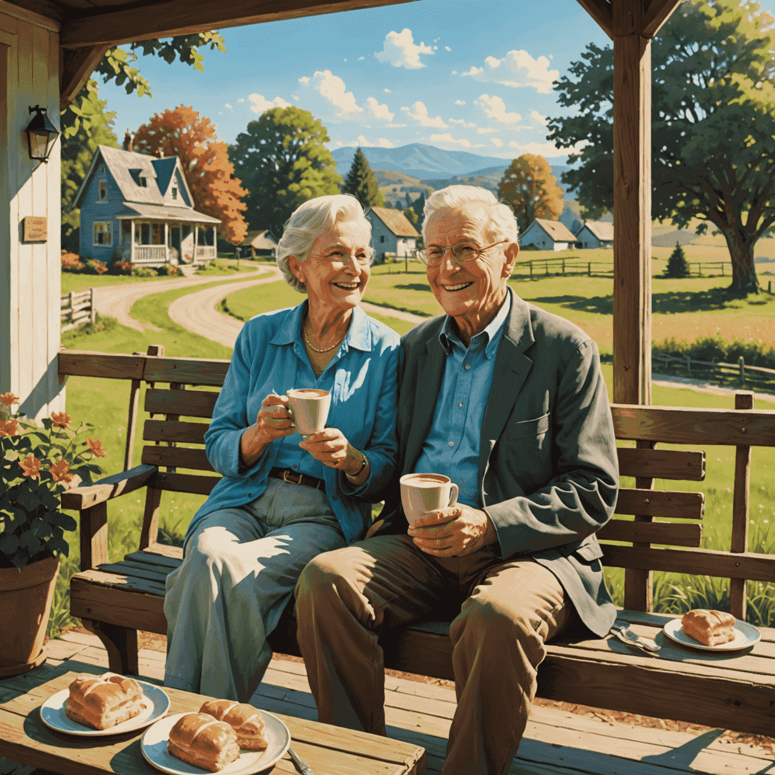 An elderly couple sitting on a porch swing, enjoying coffee and Cupilac's pastries. They're smiling and the background shows a beautiful country landscape.