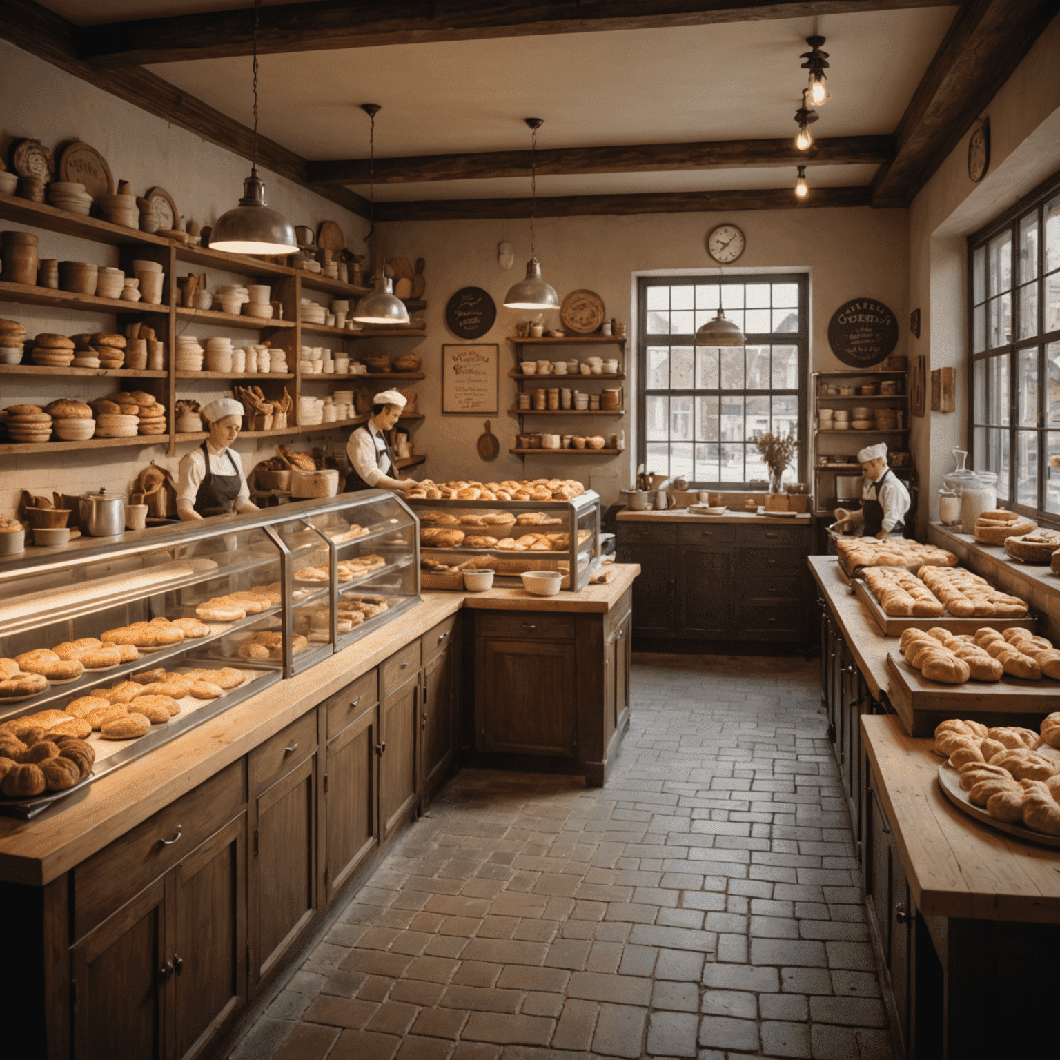 Interior of a cozy bakery with wooden counters, vintage baking equipment, and a team of bakers working on American-style pastries