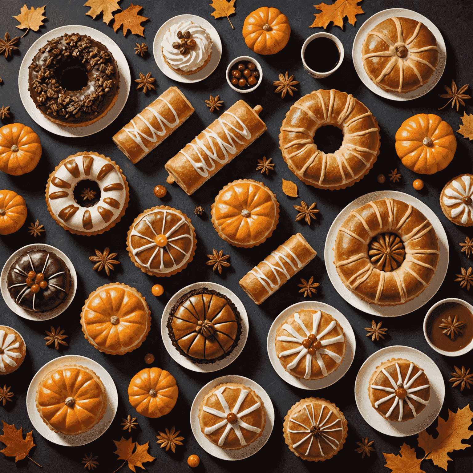 Assortment of seasonal American pastries and baked goods, featuring autumn-themed decorations