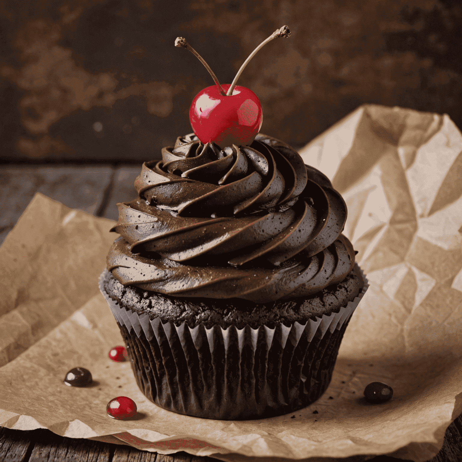 A rich, moist chocolate cupcake with a generous swirl of chocolate ganache frosting, topped with a single red cherry and sitting in a rustic paper liner on a wooden surface.