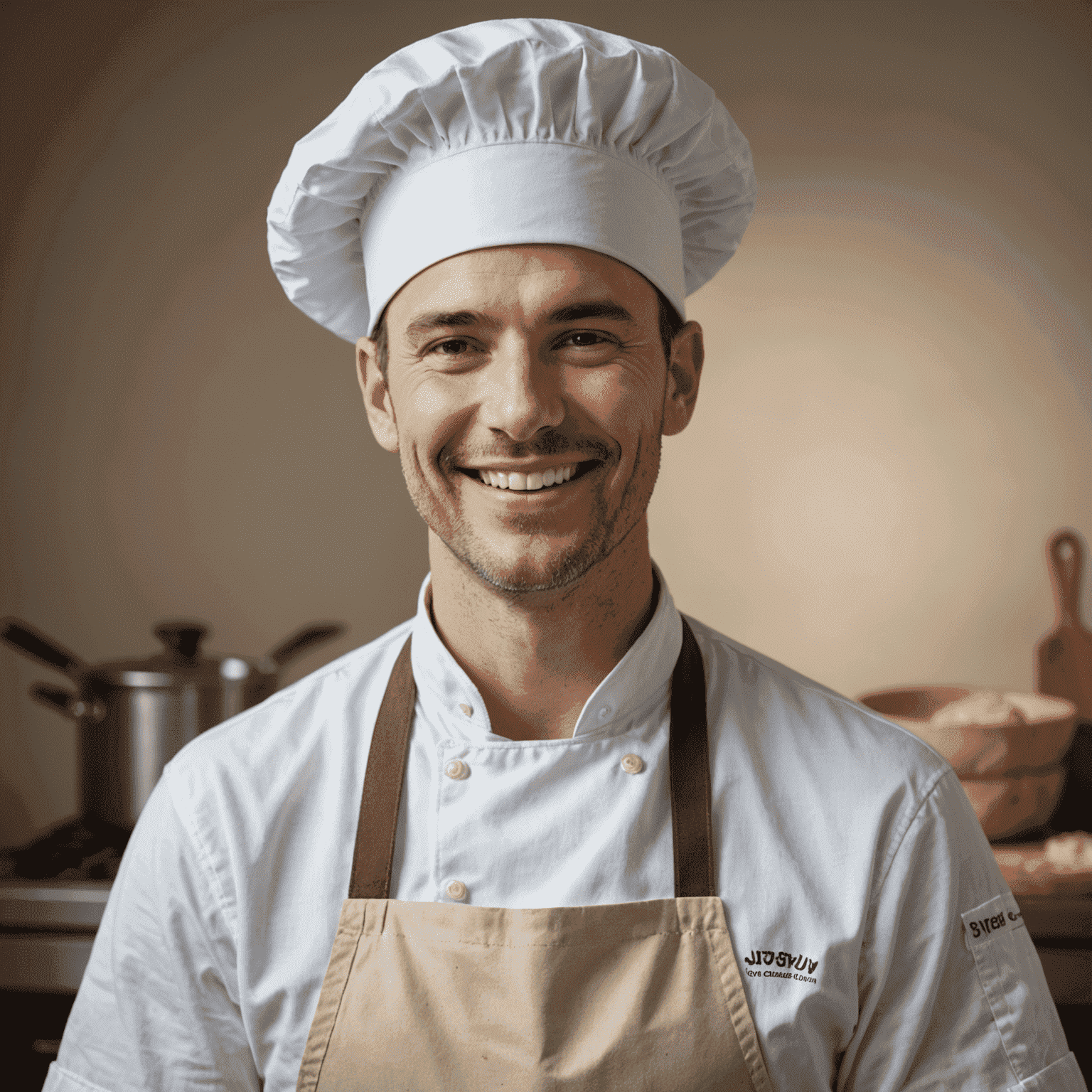 Portrait of our head pastry chef smiling, wearing a flour-dusted apron and chef's hat