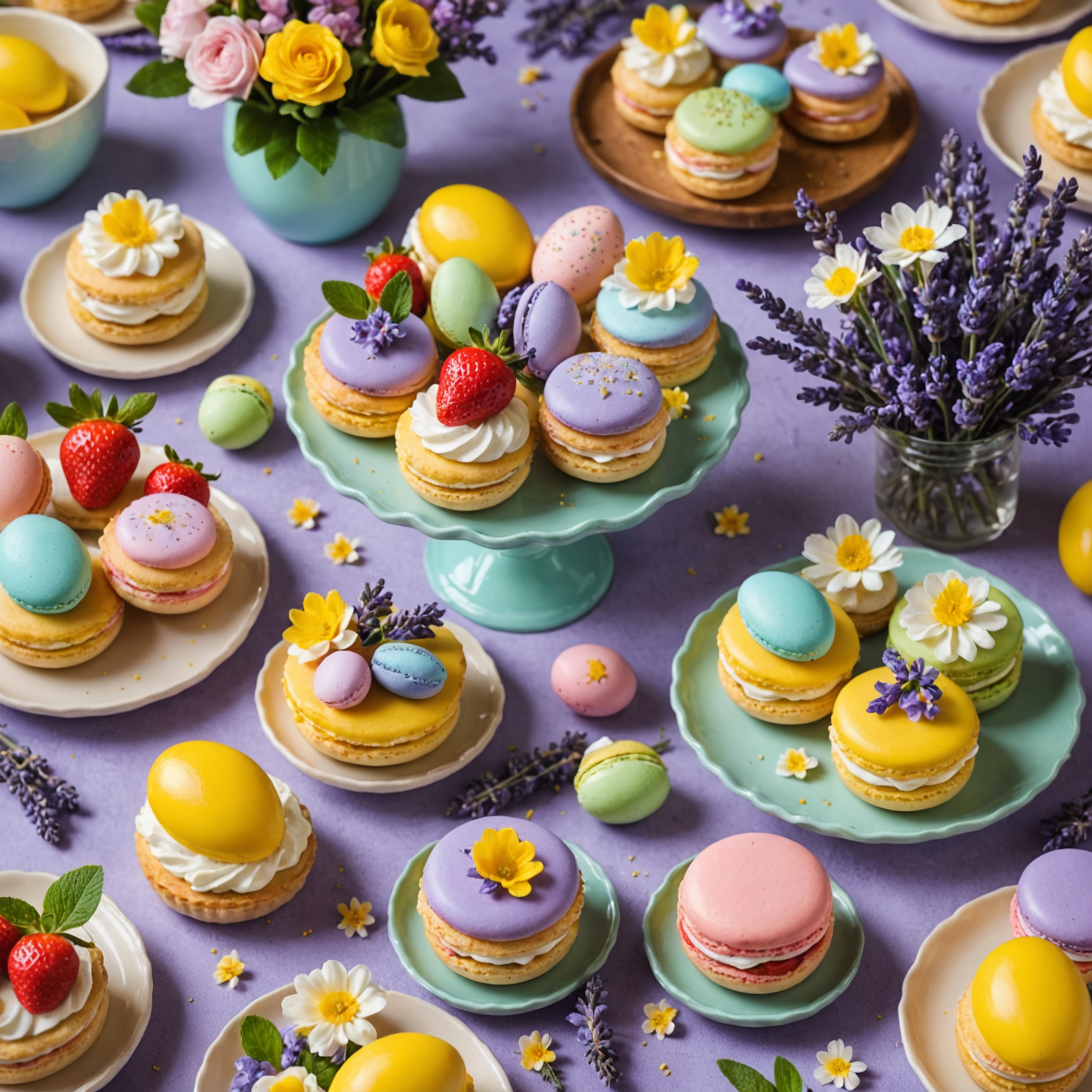 A bright and cheerful display of spring-themed pastries including lemon tarts, strawberry shortcakes, and lavender macarons. The scene is decorated with fresh flowers and pastel-colored Easter eggs.