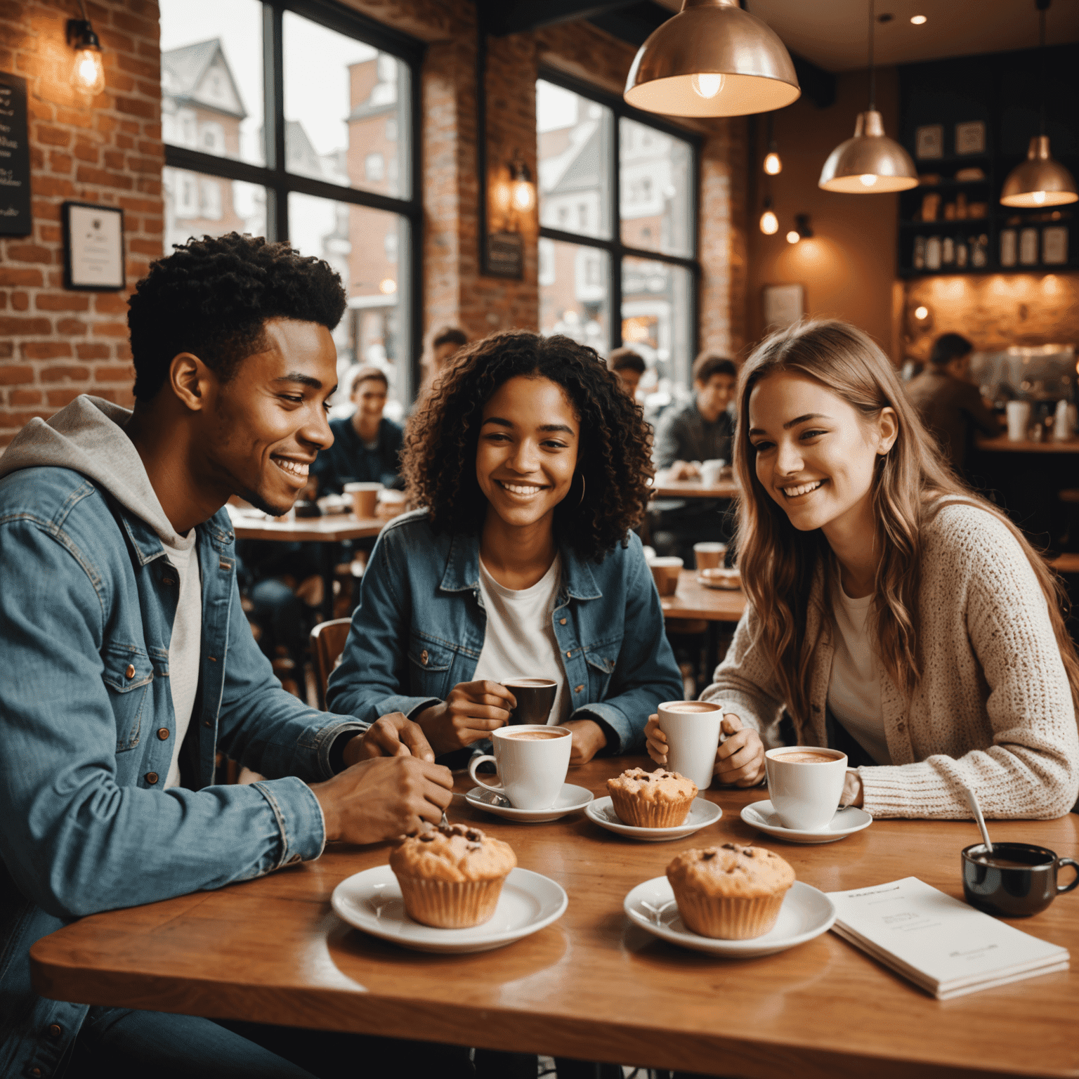 A group of diverse college students studying in a cozy café, with Cupilac's muffins and coffee on their table. They look engaged and happy.