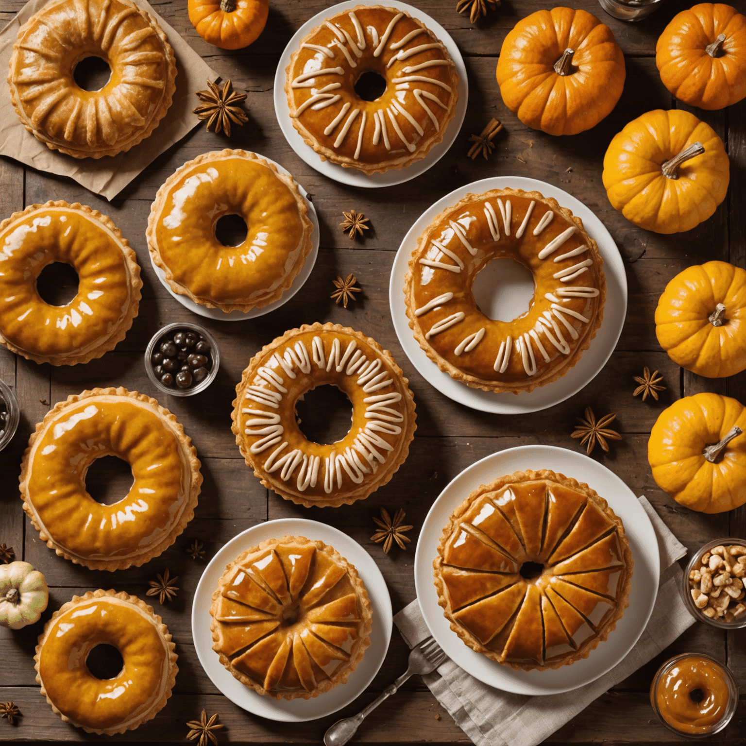 A display of seasonal American pastries including pumpkin pies, apple turnovers, and maple-glazed donuts arranged on a rustic wooden table