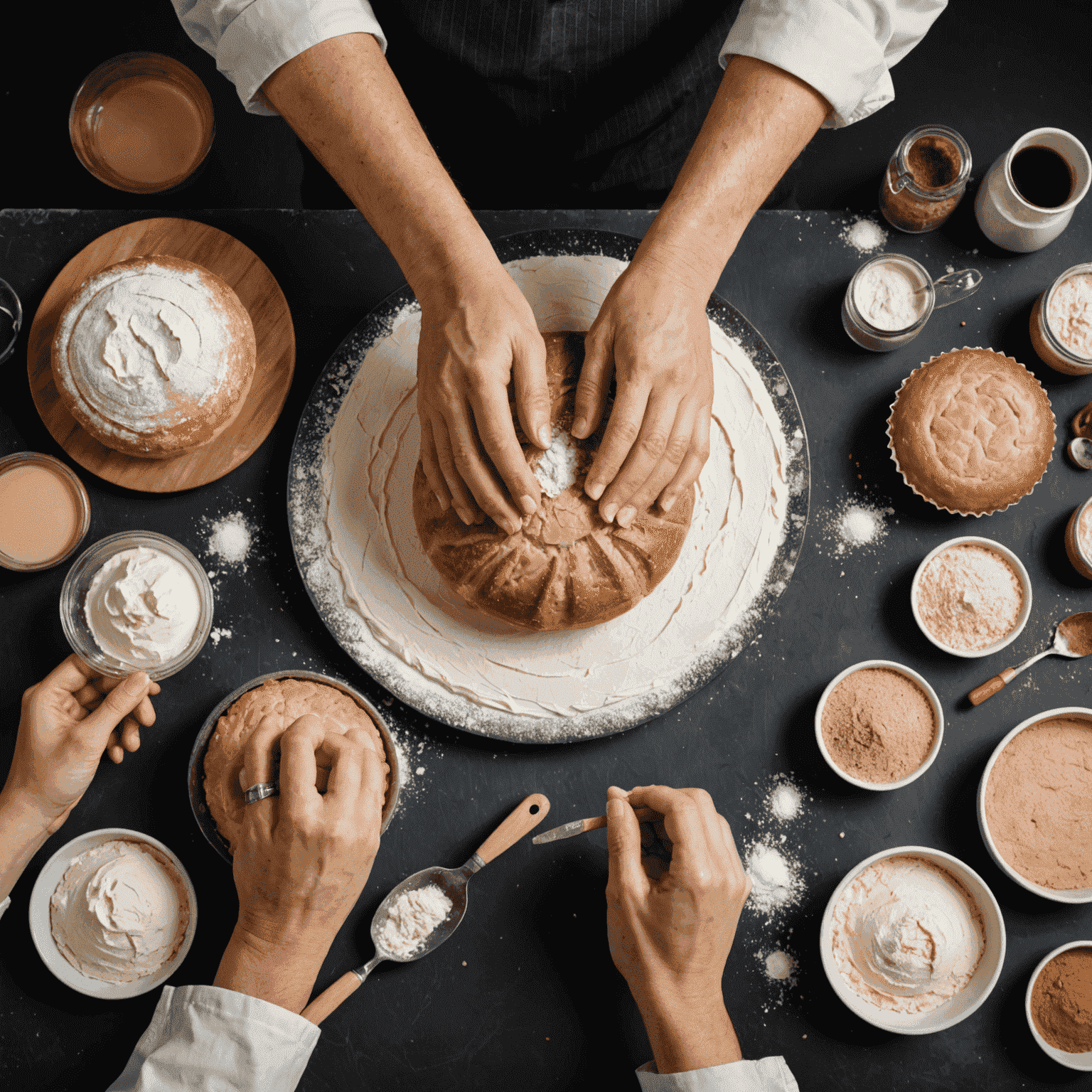 Hands demonstrating professional baking techniques, with various baking tools and ingredients visible