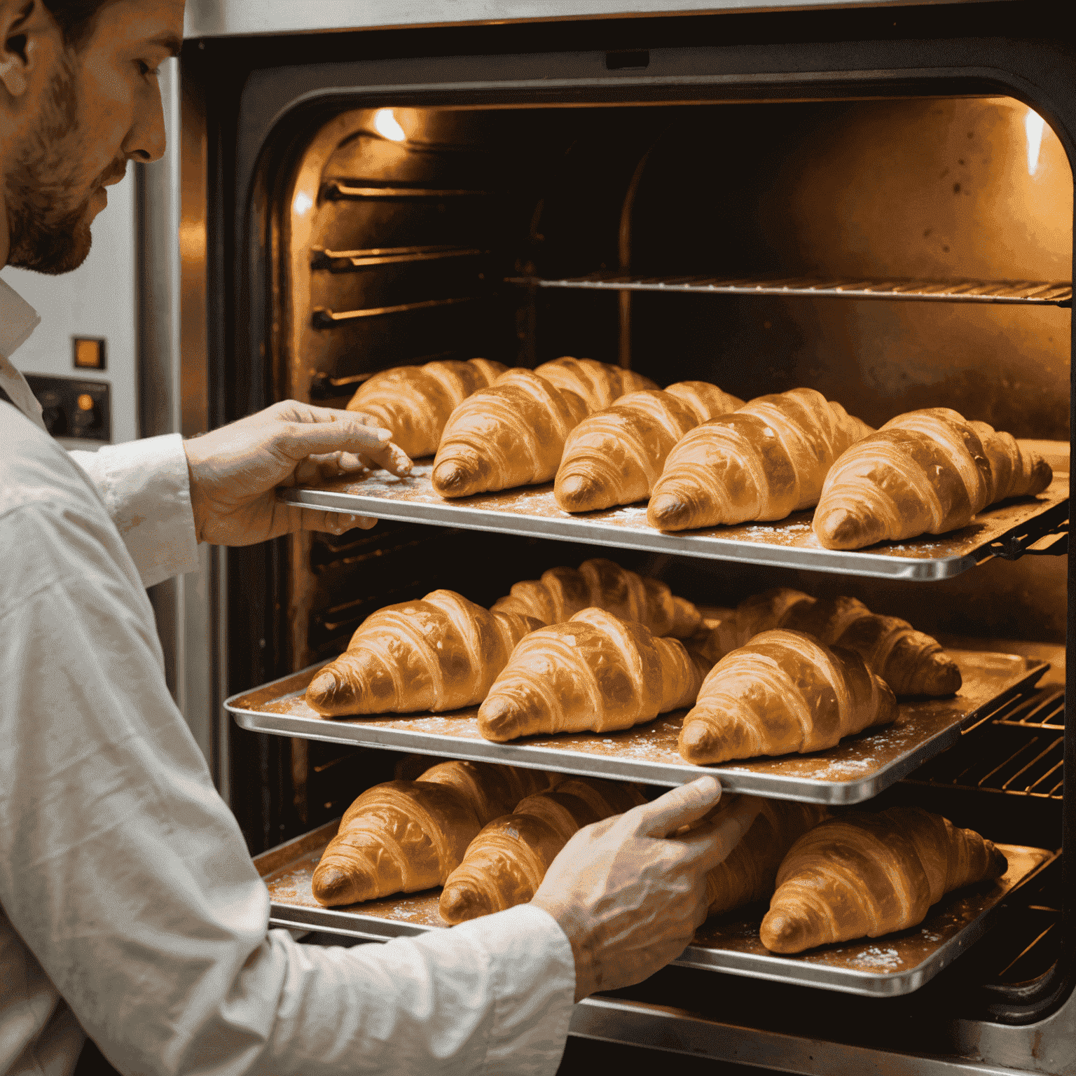 A baker pulling out a tray of golden, freshly baked croissants from the oven