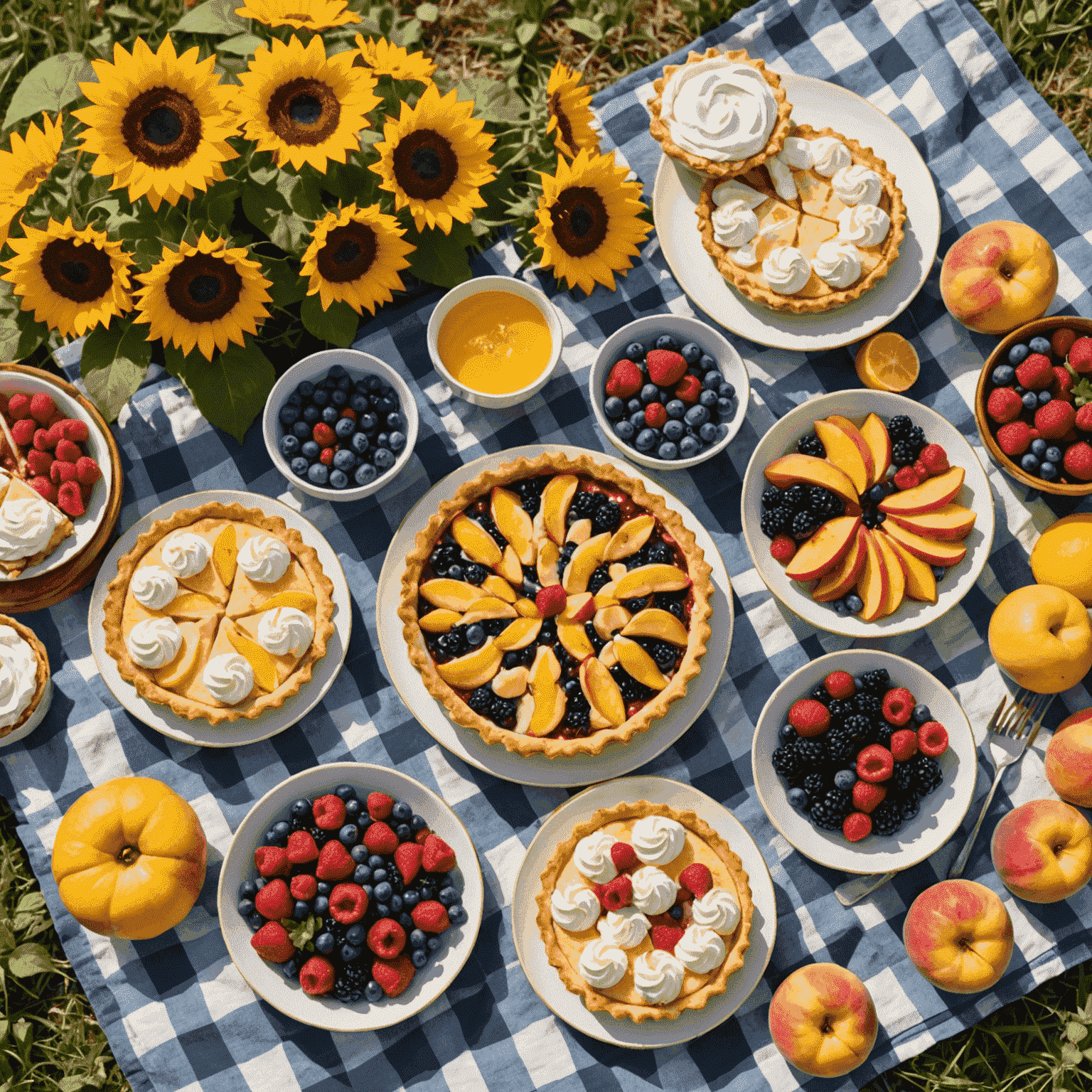 A summery spread of colorful pastries including mixed berry tarts, lemon meringue pies, and peach cobbler. The scene is set outdoors with a picnic blanket and sunflowers.