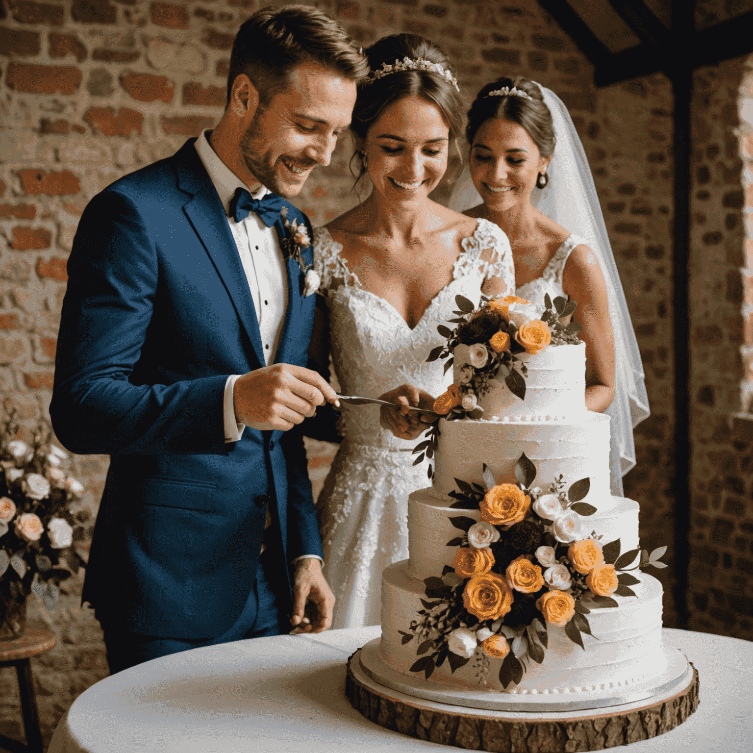 A joyful bride and groom cutting into a beautiful wedding cake from Cupilac. The cake is adorned with fresh flowers and has a rustic, elegant design.