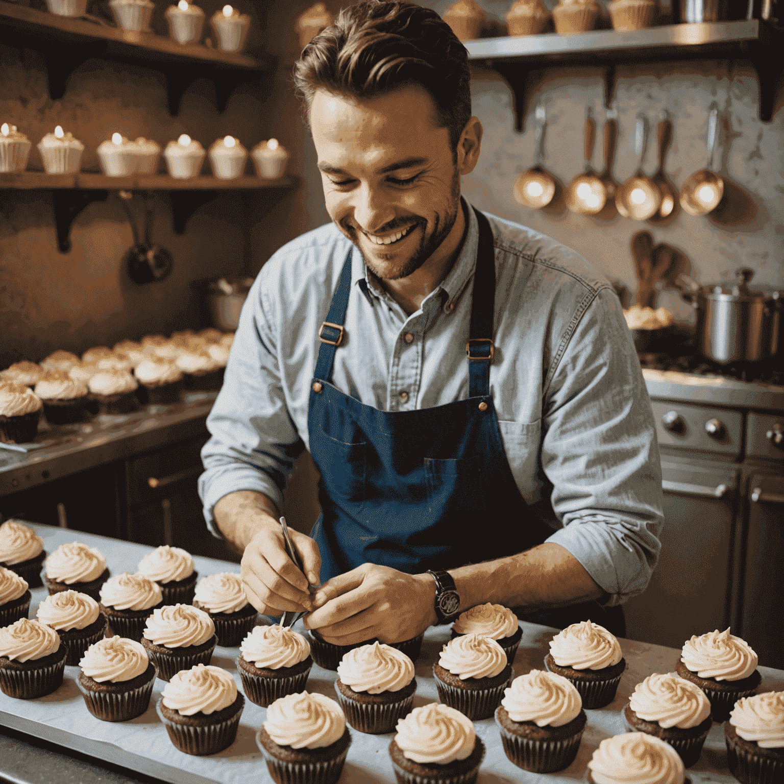 A smiling decorator piping intricate designs on a batch of cupcakes