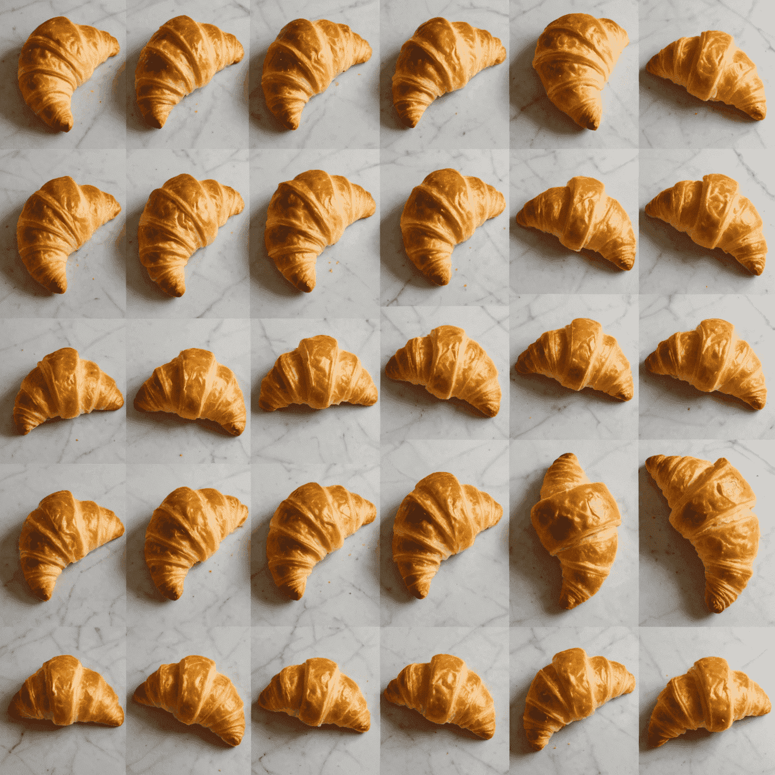 A time-lapse sequence showing the transformation of raw dough into golden, flaky croissants