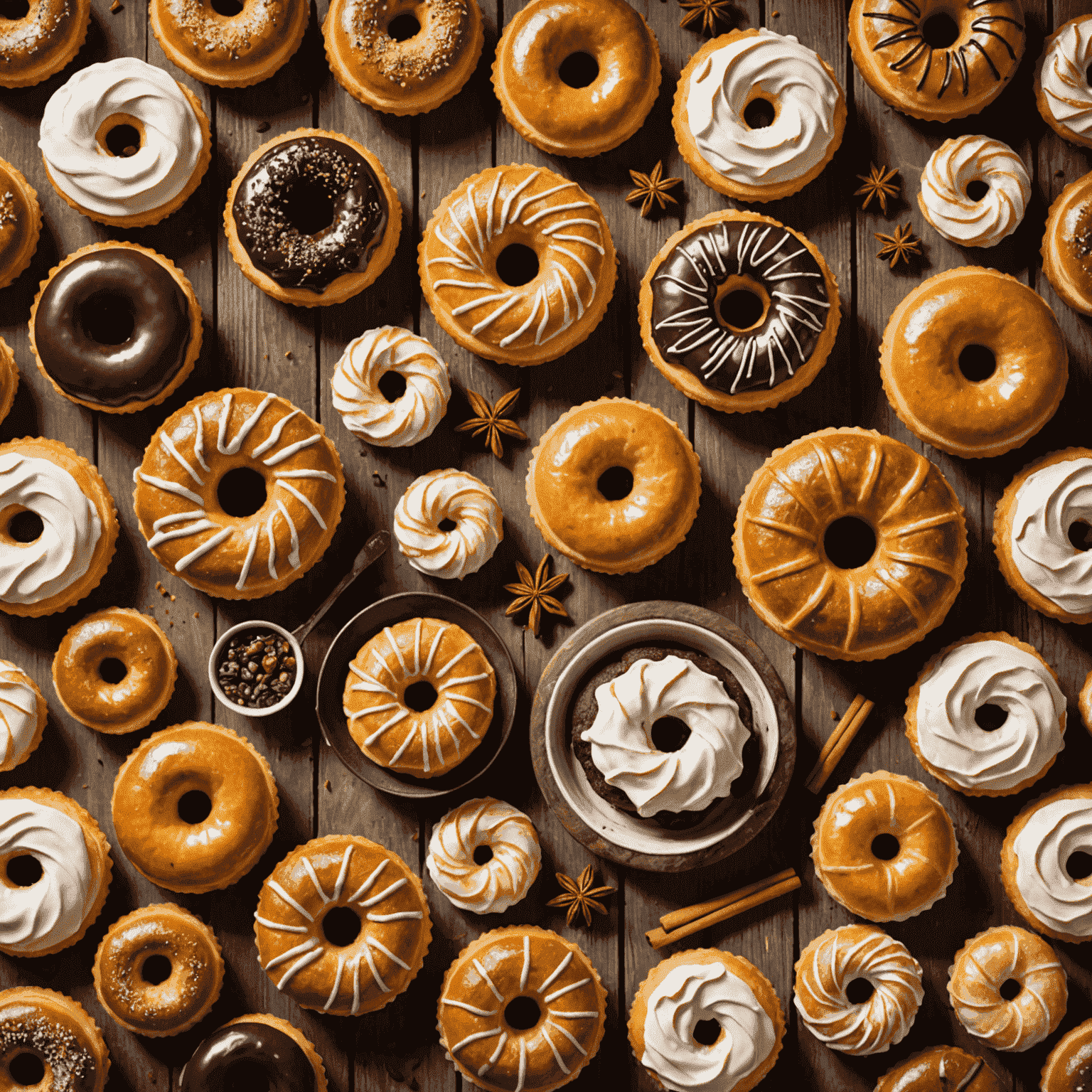 A beautifully arranged display of various American-style pastries, including muffins, donuts, and cinnamon rolls, on a rustic wooden table